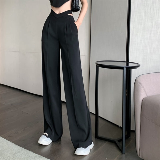 High Waisted Cross-V Cut Wide Leg Trousers