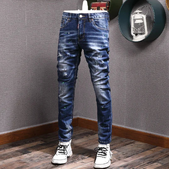 Men's Retro Blue Stretch Slim Fit Ripped Jeans