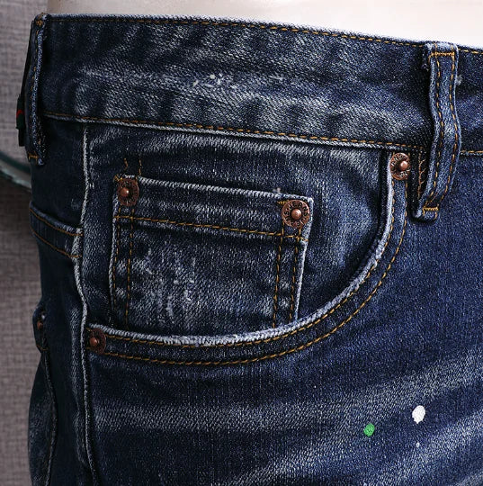 Men's Retro Blue Stretch Slim Fit Ripped Jeans